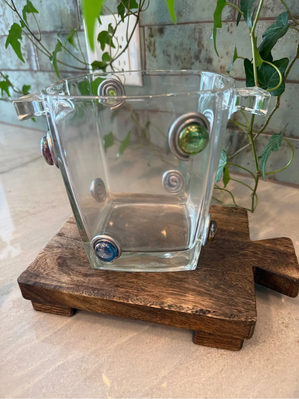 Handcrafted Wire-Wrapped Jeweled Glass Ice Bucket Set with Matching Tongs